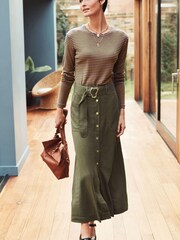 Khaki/Green Belted Button Front Midi Skirt - Image 1 of 5