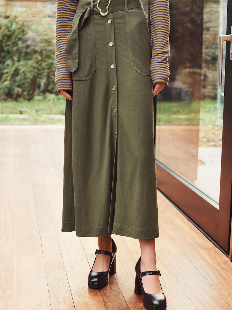 Khaki/Green Belted Button Front Midi Skirt - Image 2 of 5