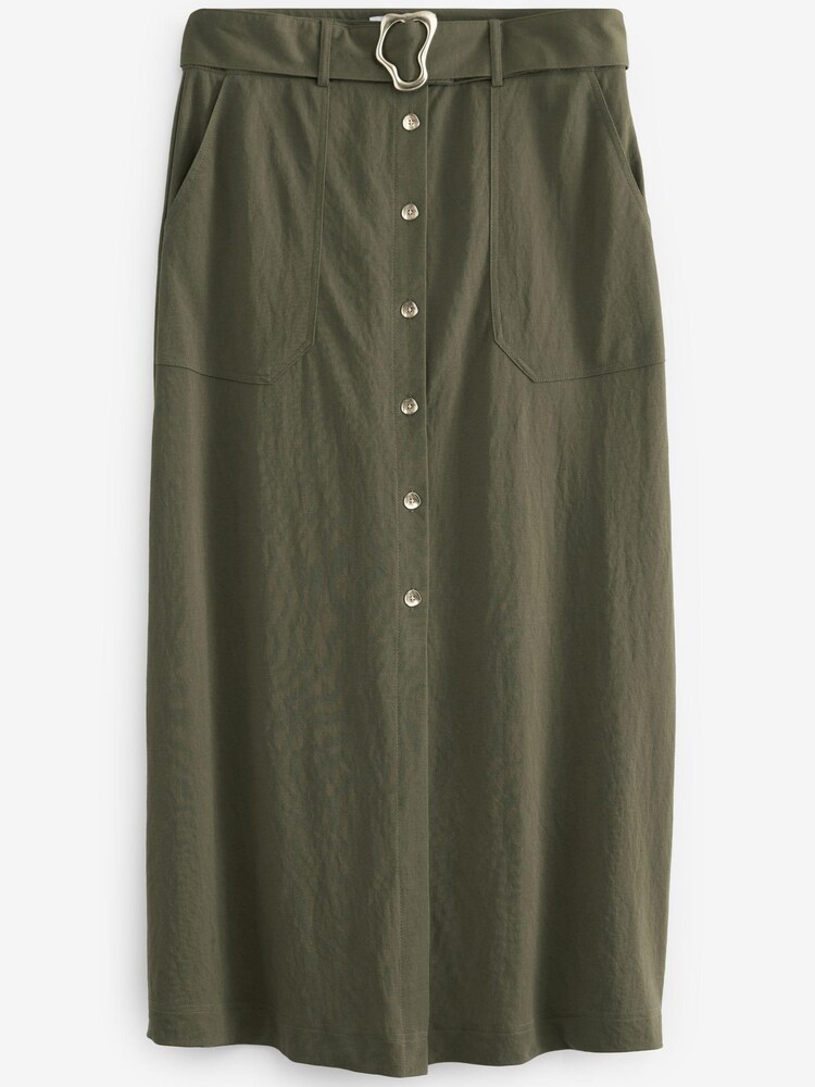Khaki/Green Belted Button Front Midi Skirt - Image 5 of 5
