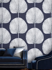 Graham & Brown Blue Palm Fan Navy 10M Wallpaper - Image 1 of 3