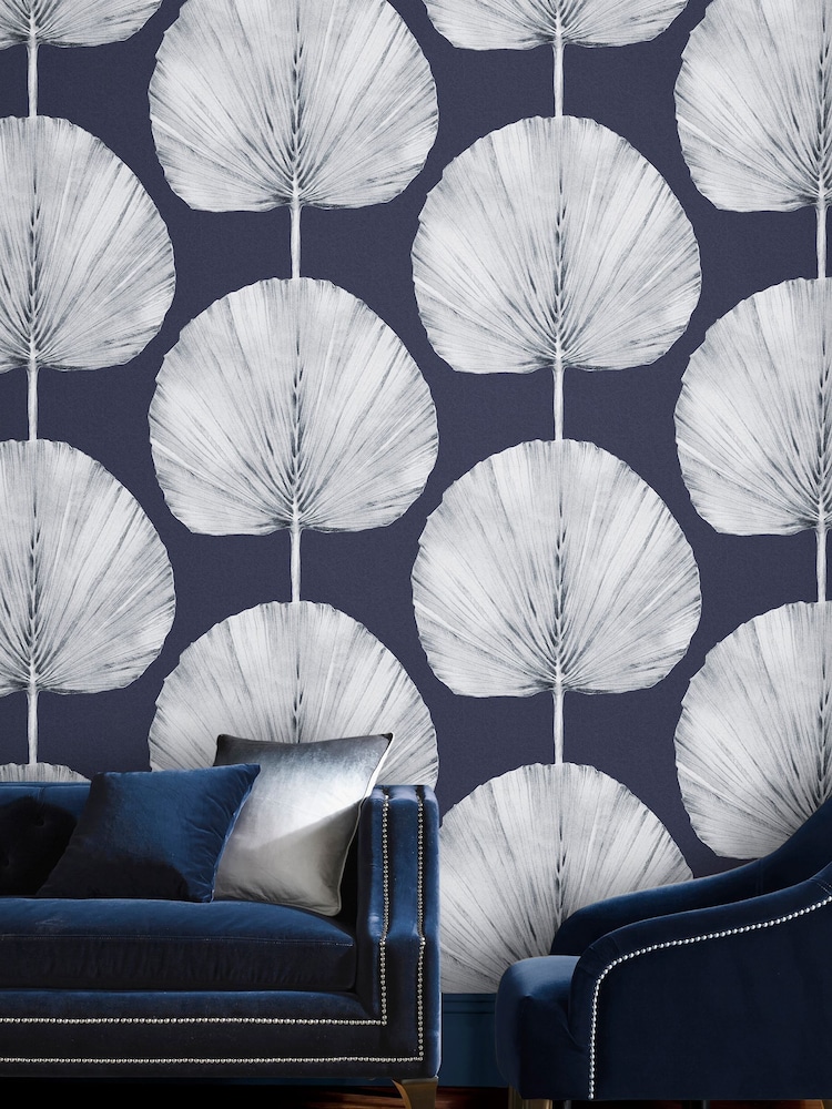 Graham & Brown Blue Palm Fan Navy 10M Wallpaper - Image 1 of 3