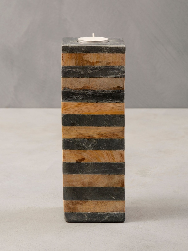 Fifty Five South Clear Slate/Mango Wood Candle Holder - Image 1 of 4
