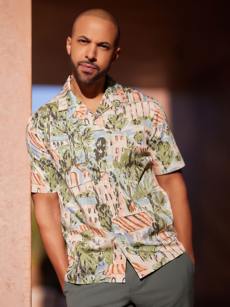 Neutral Short Sleeve Printed Shirt With Cuban Collar - Image 1 of 6 Neutral Short Sleeve Printed Shirt With Cuban Collar - Image 1 of 6