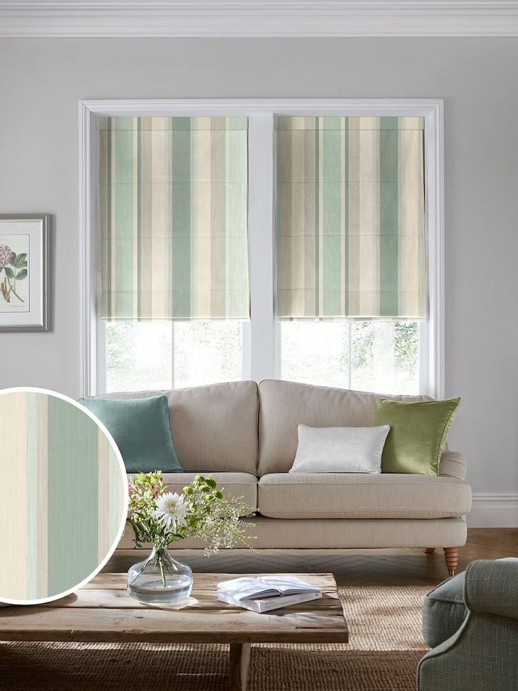 Laura Ashley Green Awning Stripe Made To Measure Roman Blinds - Image 1 of 6