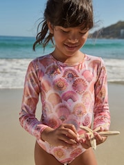 Coral Pink Foil Print Long Sleeve Swimsuit (3-16yrs) - Image 1 of 8