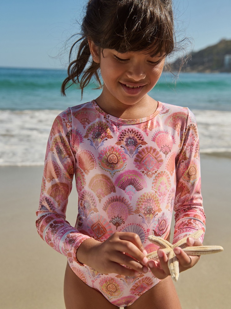 Coral Pink Foil Print Long Sleeve Swimsuit (3-16yrs) - Image 1 of 8