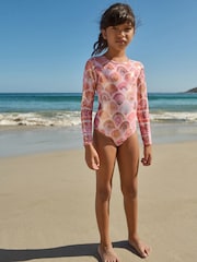 Coral Pink Foil Print Long Sleeve Swimsuit (3-16yrs) - Image 2 of 8
