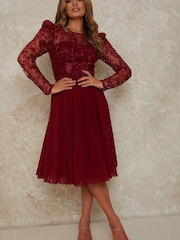 Chi Chi London Red Embroidered Bodice Fit And Flare Dress - Image 1 of 4
