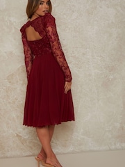 Chi Chi London Red Embroidered Bodice Fit And Flare Dress - Image 2 of 4