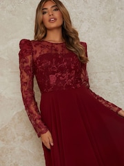 Chi Chi London Red Embroidered Bodice Fit And Flare Dress - Image 3 of 4