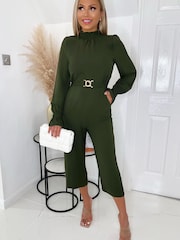 AX Paris Olive Green High Neck Long Sleeve Belted Jumpsuit - Image 1 of 4
