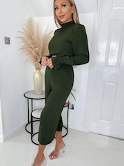 AX Paris Olive Green High Neck Long Sleeve Belted Jumpsuit - Image 4 of 4