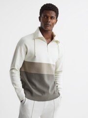 Reiss Ecru Sabre Half Zip Funnel Neck Colourblock Jumper - Image 1 of 5