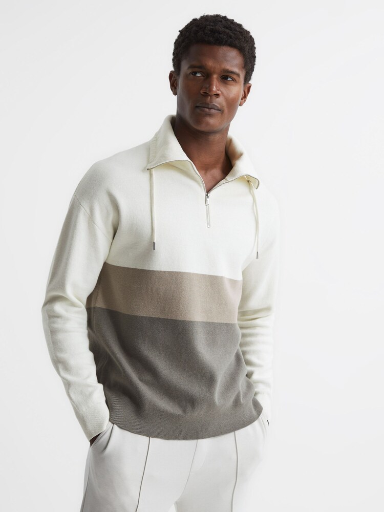 Reiss Ecru Sabre Half Zip Funnel Neck Colourblock Jumper - Image 1 of 5