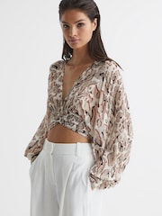 Reiss Mink Marise Printed Crepe Crop Top - Image 1 of 6