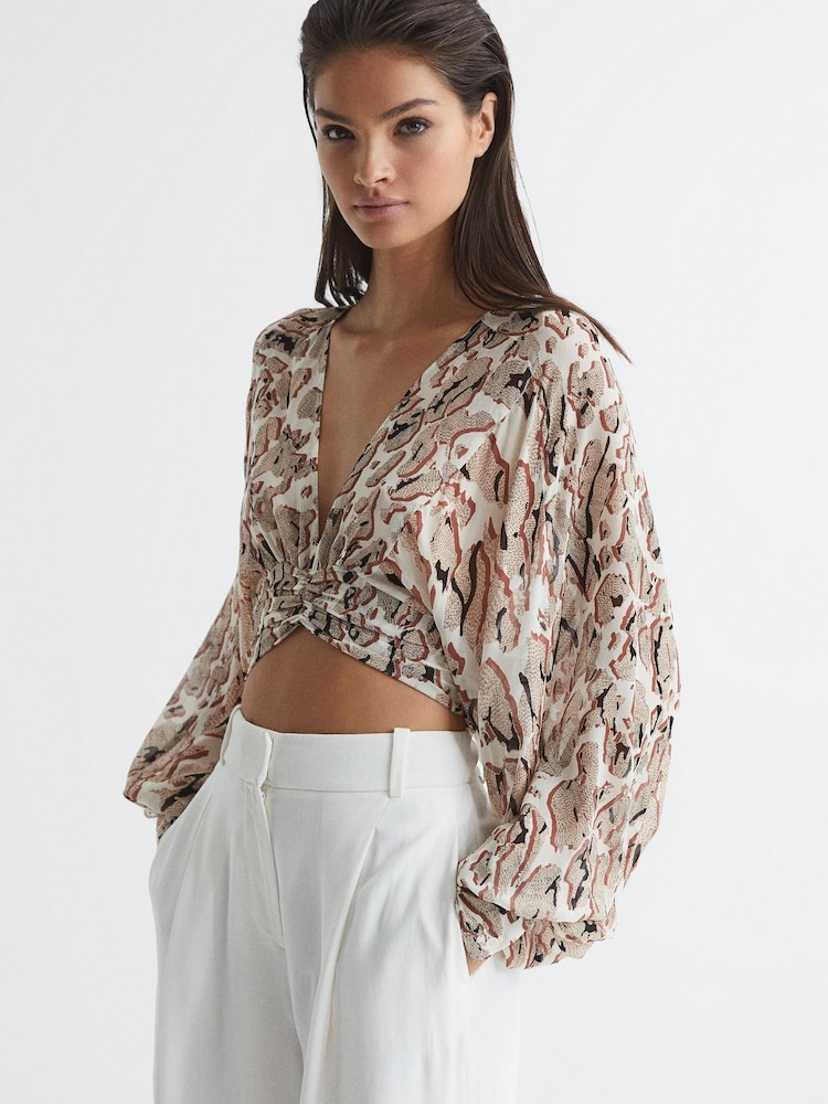 Reiss Mink Marise Printed Crepe Crop Top - Image 1 of 6