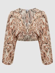 Reiss Mink Marise Printed Crepe Crop Top - Image 2 of 6
