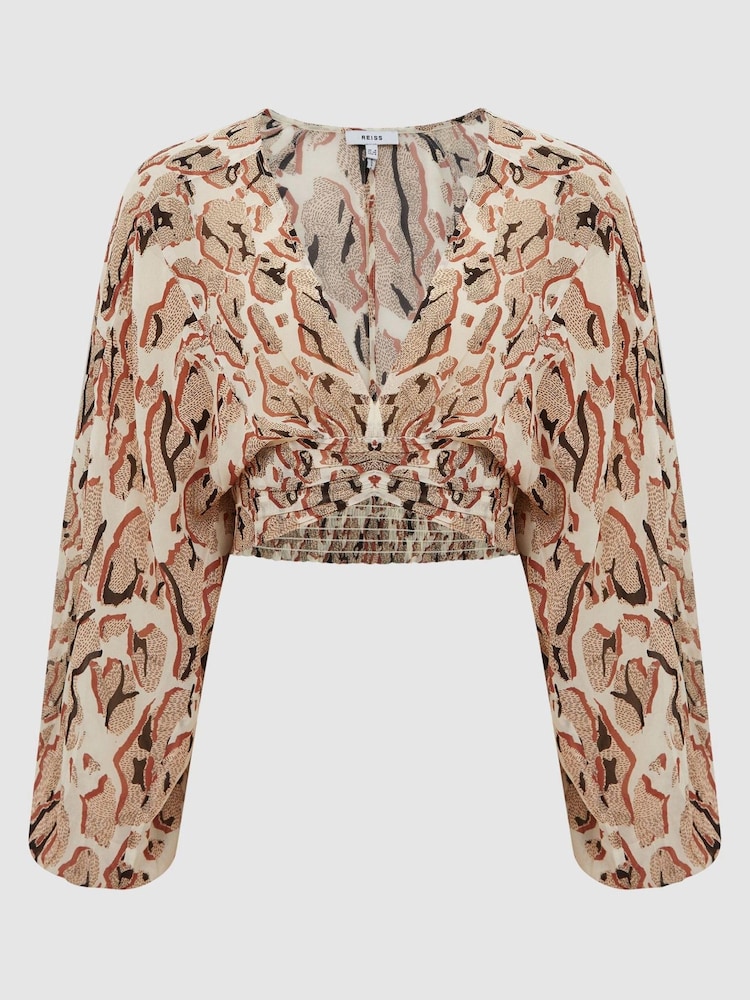 Reiss Mink Marise Printed Crepe Crop Top - Image 2 of 6