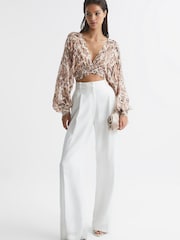Reiss Mink Marise Printed Crepe Crop Top - Image 3 of 6