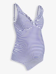 JoJo Maman Bébé White & Navy Blue Stripe Frill Maternity Swimsuit - Image 3 of 3
