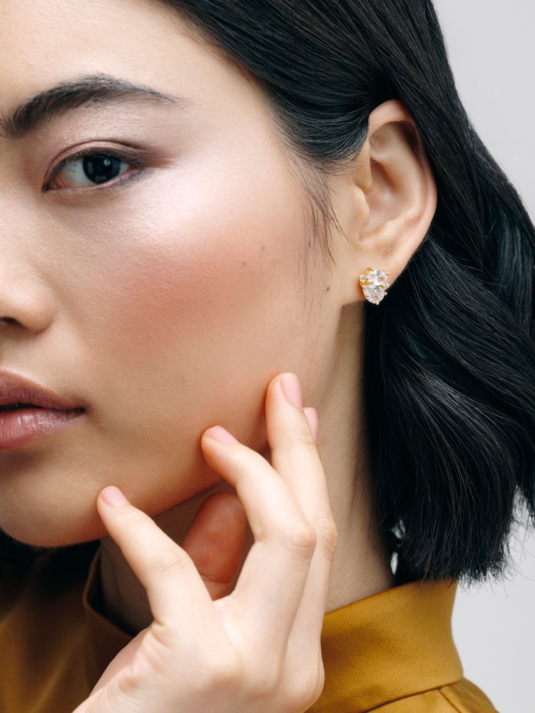 CERENE Duo Clear Crystal Gold Tone Cluster Stud Earrings - Image 1 of 6