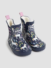 JoJo Maman Bébé Navy Blue Unicorn Cosy Lined Ankle Wellies - Image 1 of 6