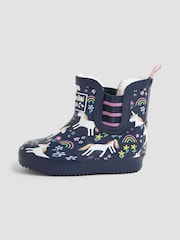 JoJo Maman Bébé Navy Blue Unicorn Cosy Lined Ankle Wellies - Image 4 of 6