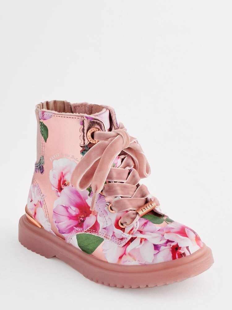Baker by Ted Baker Girls Pink Floral Print and Glitter Lace Up Boots - Bild 1 von 7 Baker by Ted Baker Girls Pink Floral Print and Glitter Lace Up Boots - Bild 1 von 7