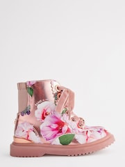 Baker by Ted Baker Girls Pink Floral Print and Glitter Lace Up Boots - Bild 2 von 7