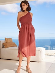 Pink 100% Linen One Shoulder Midi Summer Dress - Image 1 of 5