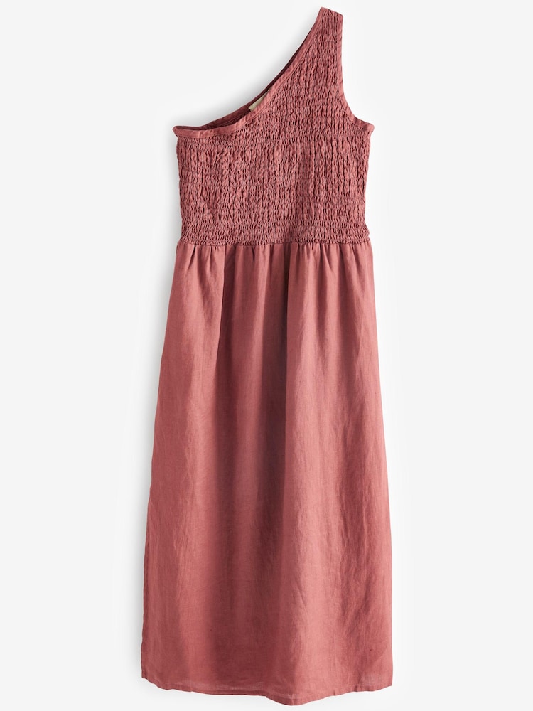 Pink 100% Linen One Shoulder Midi Summer Dress - Image 5 of 5 Pink 100% Linen One Shoulder Midi Summer Dress - Image 5 of 5