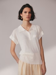 Ecru White Linen Short Sleeve Polo Neck Top - Image 3 of 7