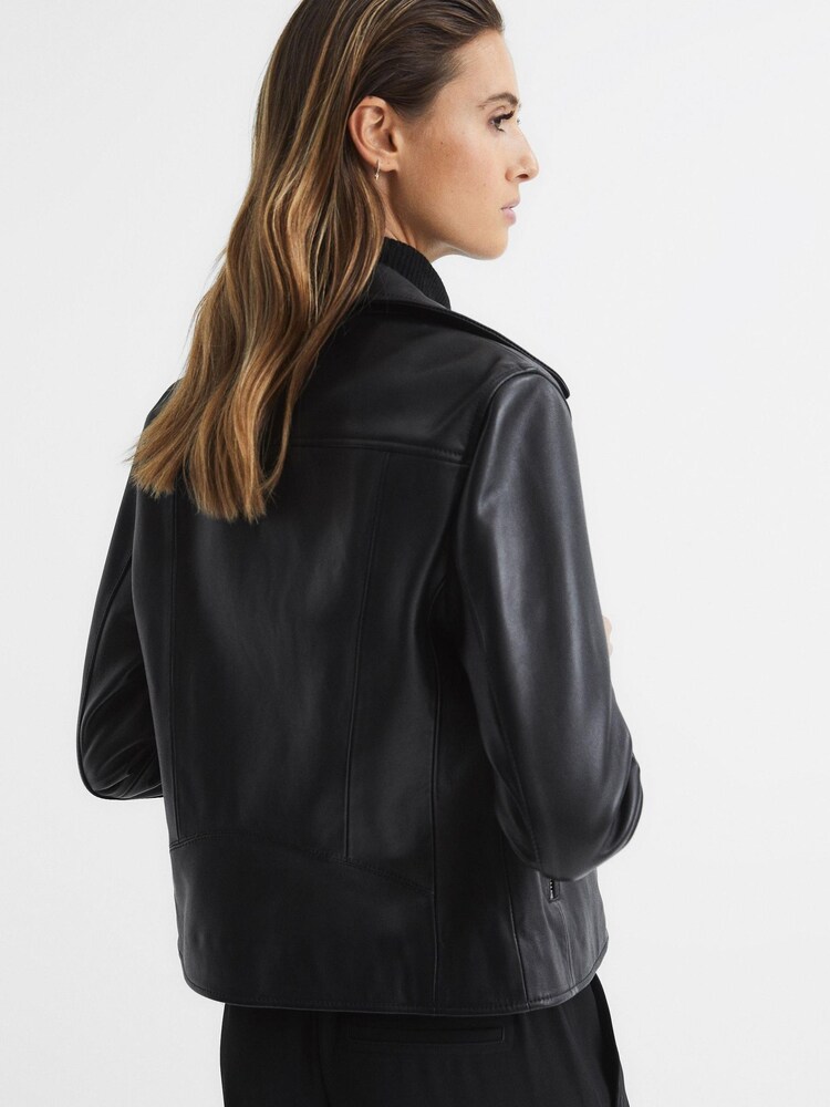 Reiss Black Geo Leather Biker Jacket - Image 5 of 8