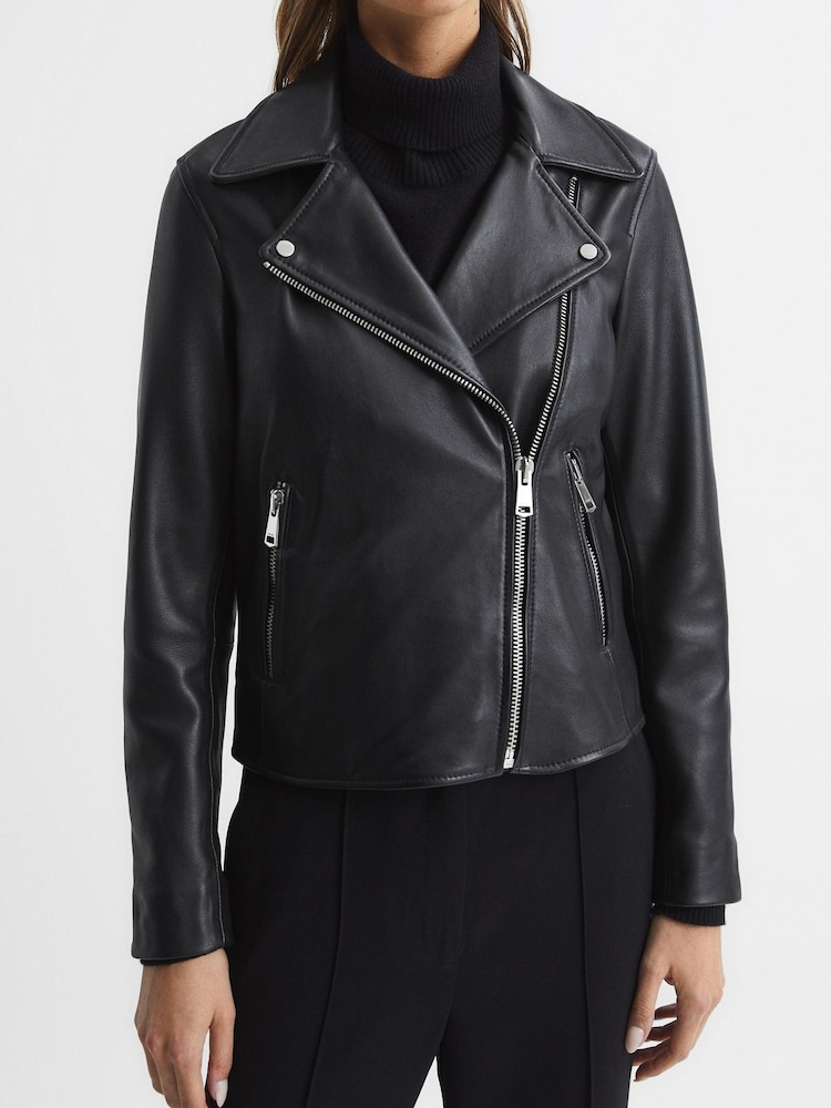 Reiss Black Geo Leather Biker Jacket - Image 6 of 8