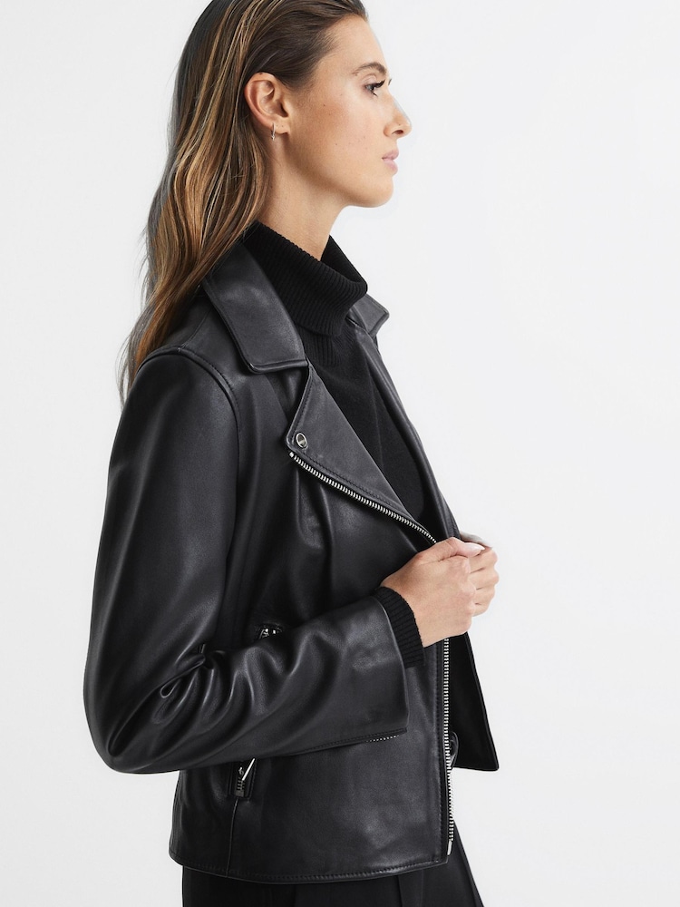 Reiss Black Geo Leather Biker Jacket - Image 7 of 8