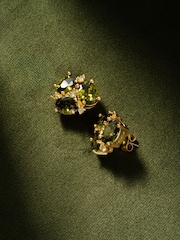 Olive Green Gold Tone - CERENE Statement Crystal Stud Earrings - Slika 2 iz 3
