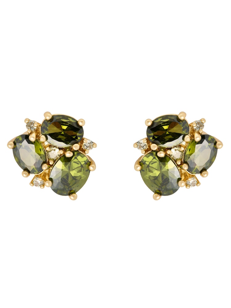 Olive Green Gold Tone - CERENE Statement Crystal Stud Earrings - Slika 3 iz 3