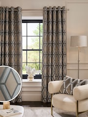 Champagne Gold Collection Luxe Heavyweight Geometric Cut Velvet Lined Eyelet Curtains - Image 1 of 5