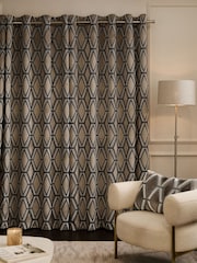 Champagne Gold Collection Luxe Heavyweight Geometric Cut Velvet Lined Eyelet Curtains - Image 2 of 5