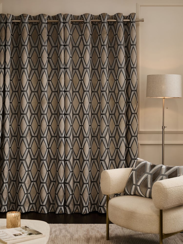 Champagne Gold Collection Luxe Heavyweight Geometric Cut Velvet Lined Eyelet Curtains - Image 2 of 5