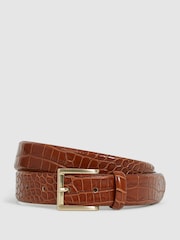 Reiss Tan Albany Leather Crocodile Print Belt - Image 1 of 7