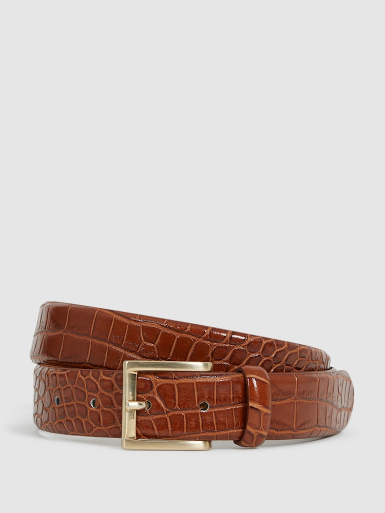 Reiss Tan Albany Leather Crocodile Print Belt - Image 1 of 7