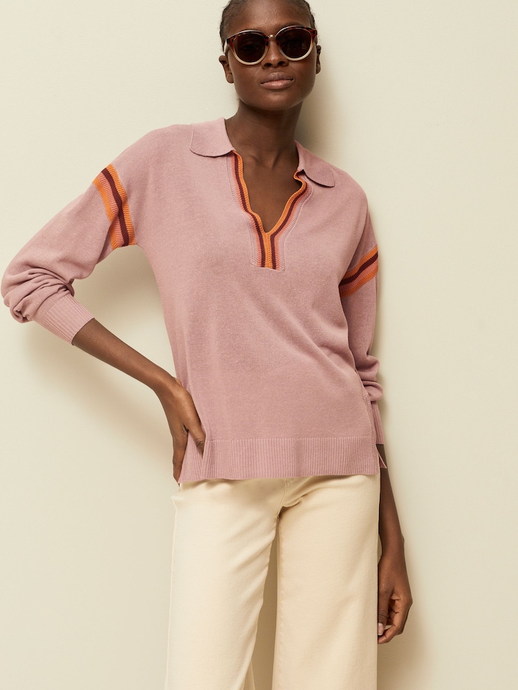 Blush Pink Tipped Linen Polo Long Sleeve Jumper - Image 1 of 6 Blush Pink Tipped Linen Polo Long Sleeve Jumper - Image 1 of 6