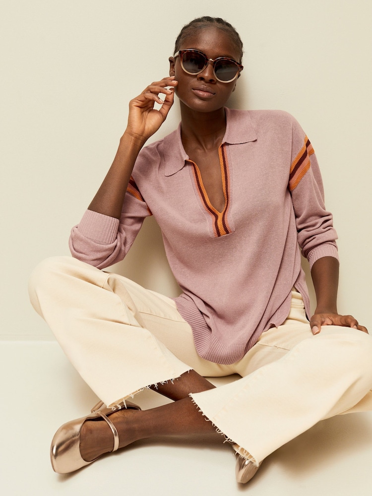 Blush Pink Tipped Linen Polo Long Sleeve Jumper - Image 2 of 6 Blush Pink Tipped Linen Polo Long Sleeve Jumper - Image 2 of 6