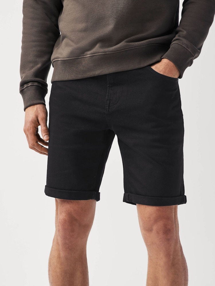 Black Straight Fit Stretch Denim Shorts - Image 1 of 8