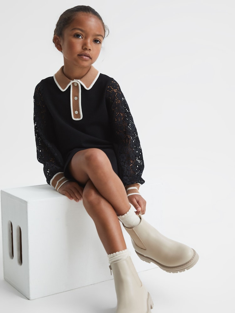 Reiss Black Emmie Senior Lace Detail Knitted Dress - Image 1 of 7