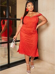 Chi Chi London Red Plus Size Bardot Premium Lace Midi Dress - Image 1 of 5