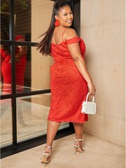 Chi Chi London Red Plus Size Bardot Premium Lace Midi Dress - Image 2 of 5