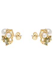 Olive Green Gold Tone - CERENE Pearl Shimer Stud Earrings - Slika 5 iz 6