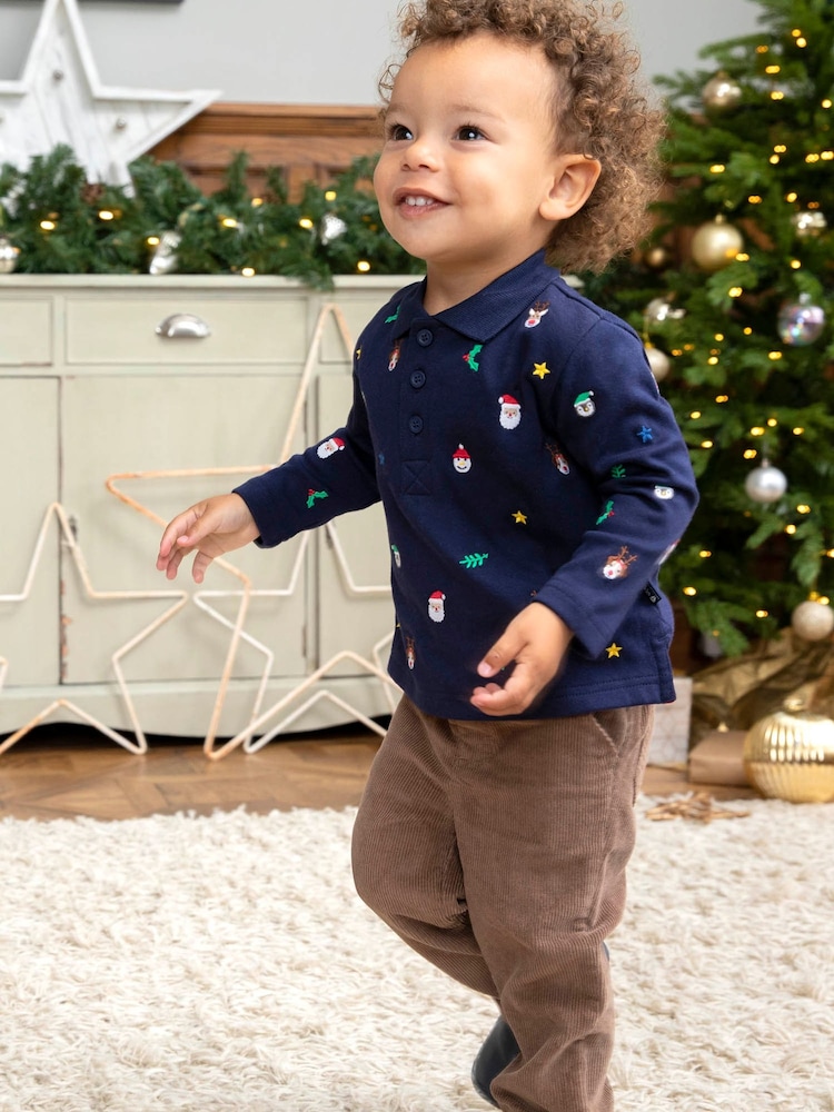JoJo Maman Bébé Navy Christmas Embroidered Polo Shirt - Image 1 of 5